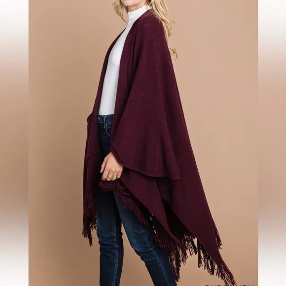 8. Women's Burgundy Fray Hem One Size Duster - Picture 4 of 4
